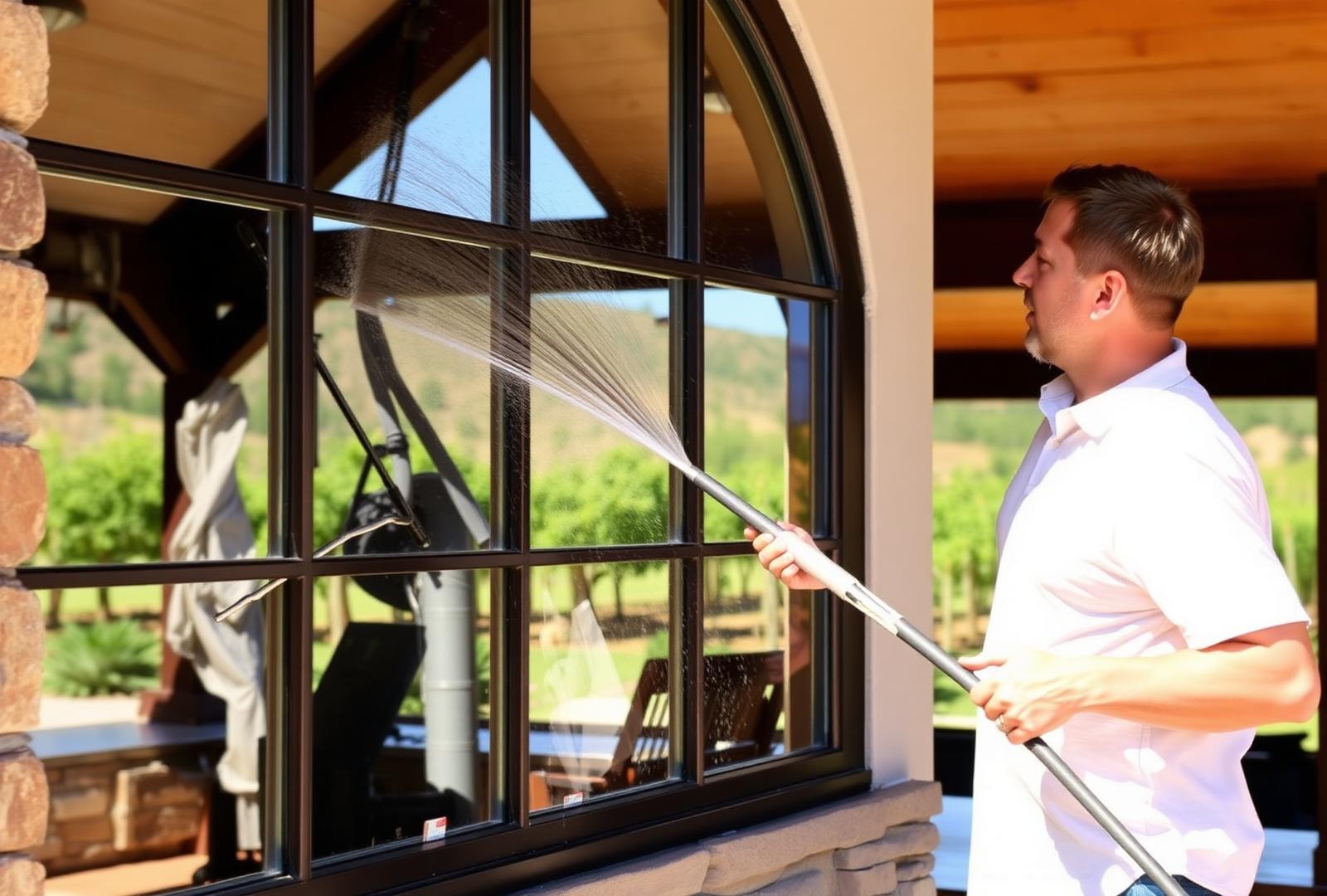 Window cleaner using a SimPole water fed pole on a Verde Valley winery tasting room