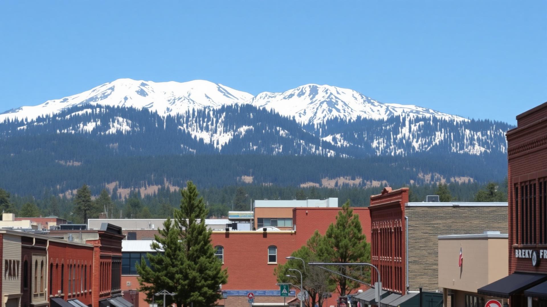 Flagstaff Arizona downtown with snow-capped San Francisco Peaks in the background