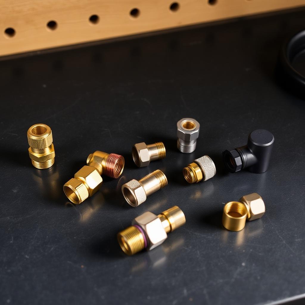 Brass and anodized aluminum hose adapters and angle connectors for water fed poles