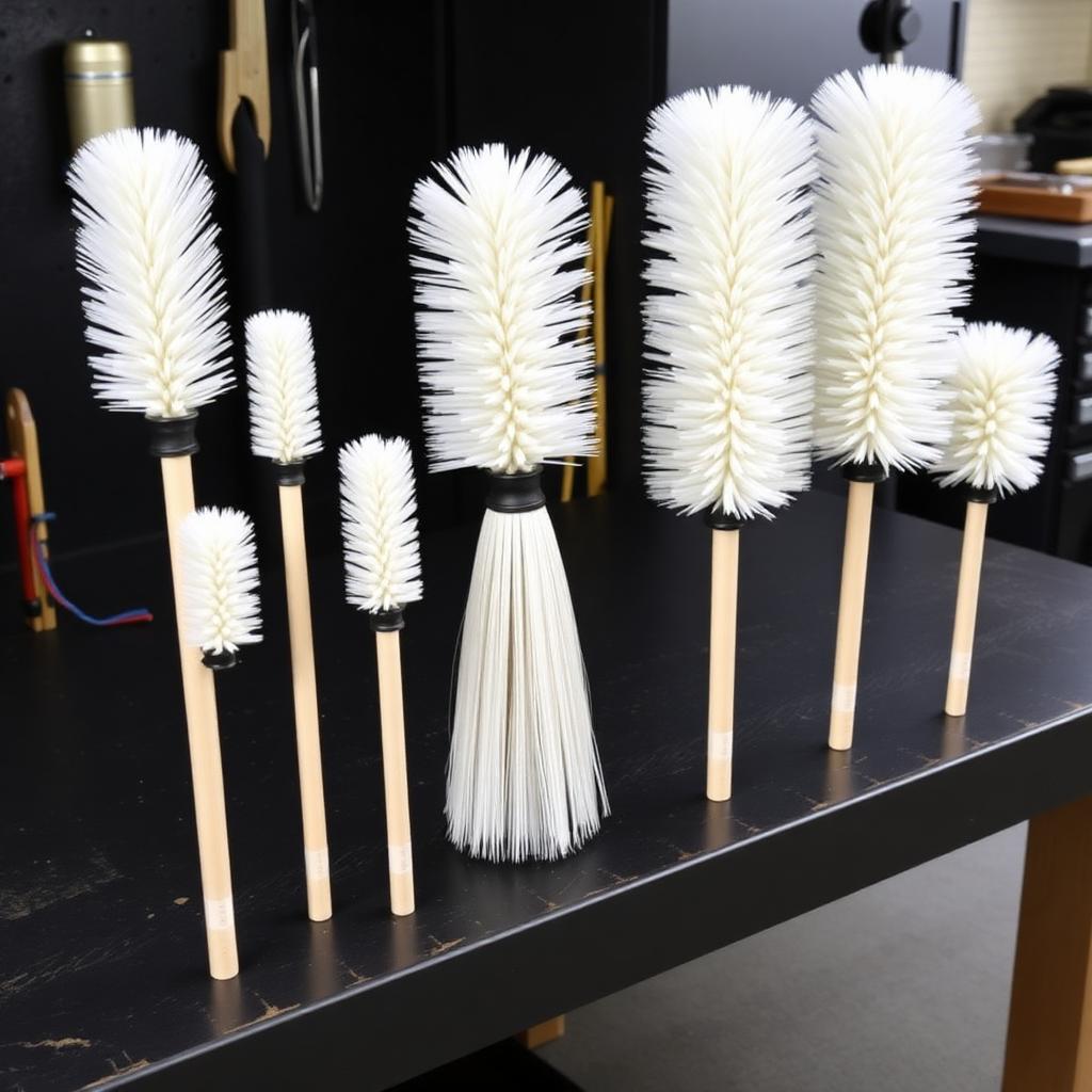 Various sizes of water fed pole brush heads lined up on a workbench