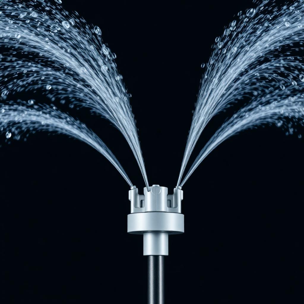 Water fed pole brush head with twin water jets spraying arcs of pure water