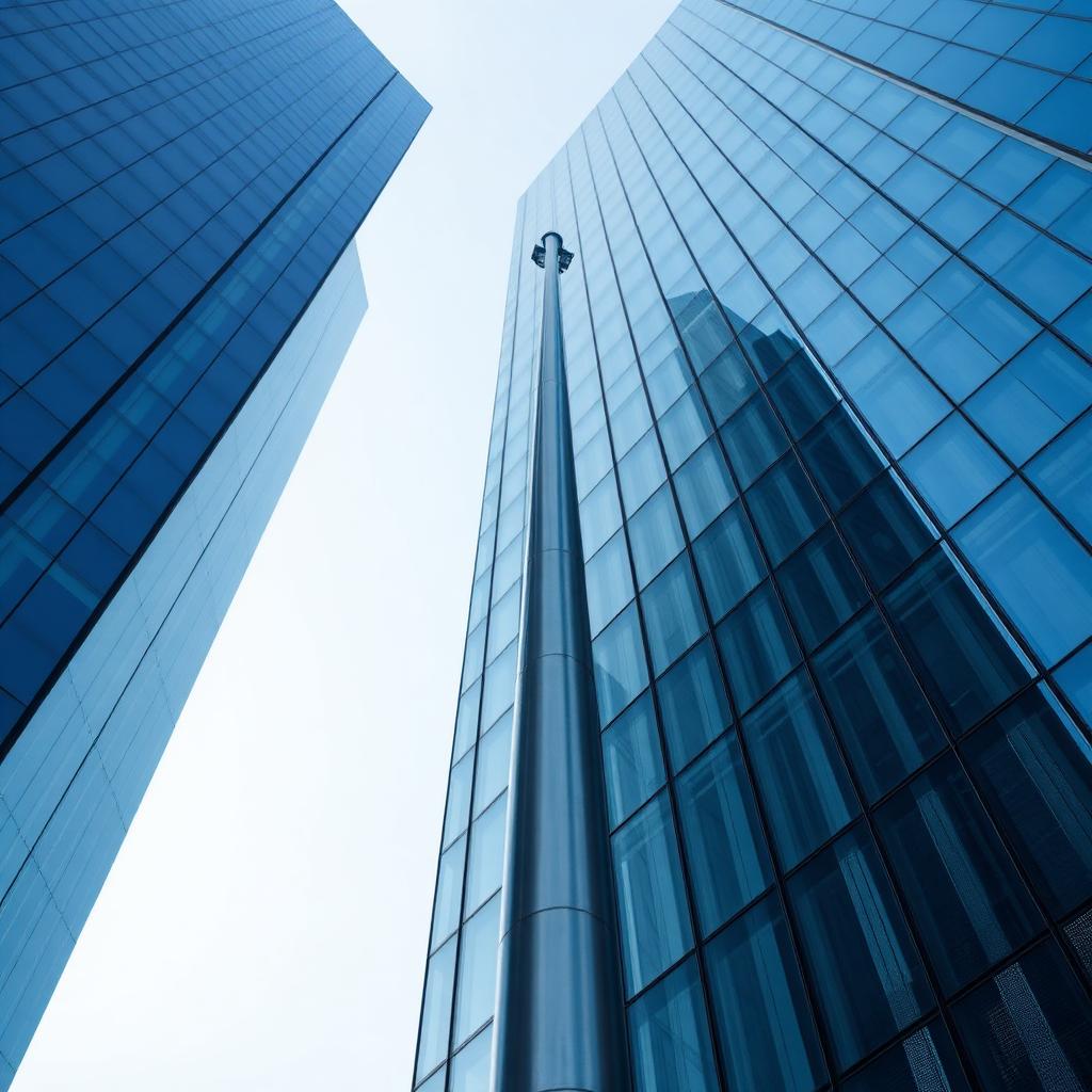 Extended carbon fiber water fed pole reaching up a modern glass skyscraper