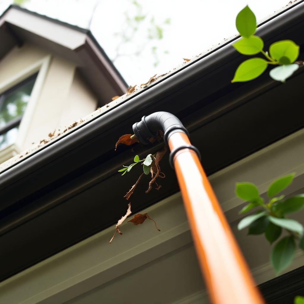 Curved gutter cleaning pole attachment reaching into a residential home gutter