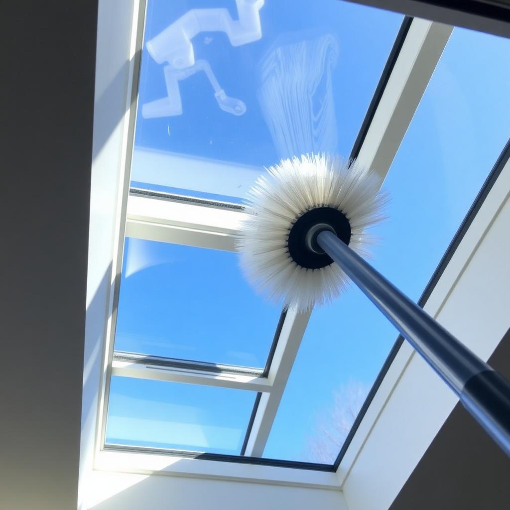 Water fed pole brush head cleaning a residential skylight from outside