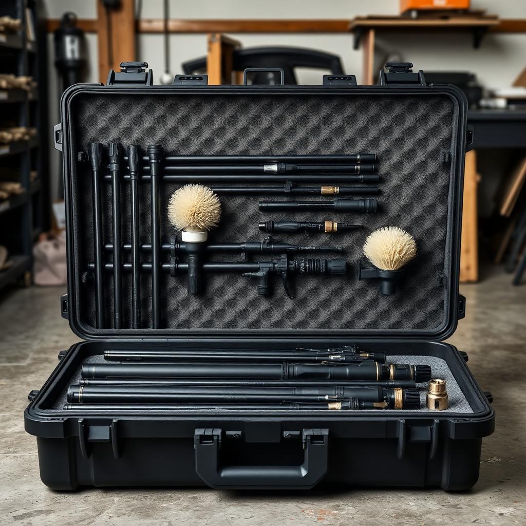 Hard transport case opened to reveal organized carbon fiber pole sections and accessories