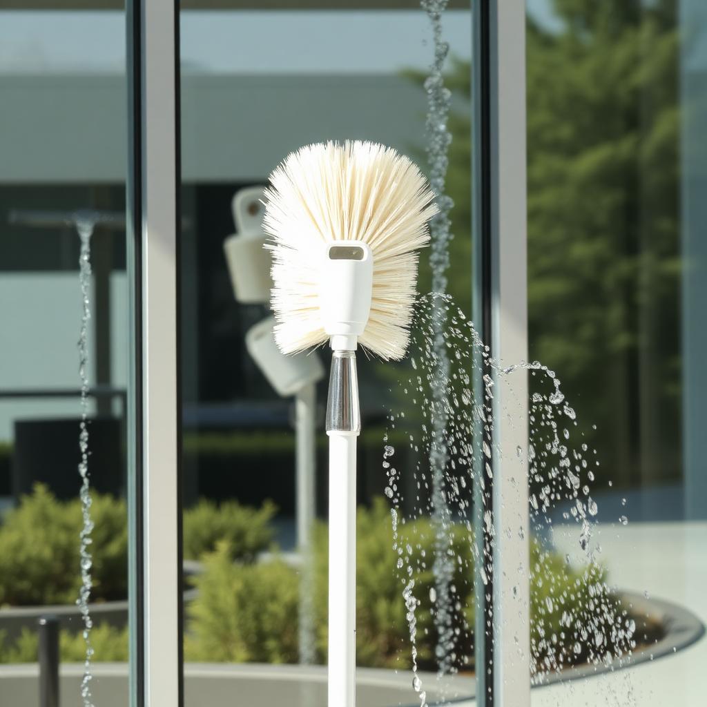 Water fed pole with brush against a window, pure water streaming down clean glass