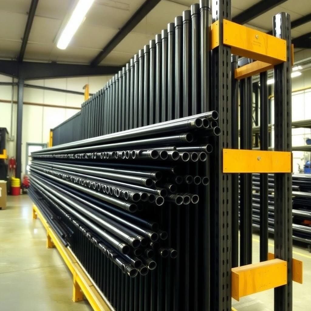 Rows of finished black carbon fiber water fed poles organized on a workshop storage rack