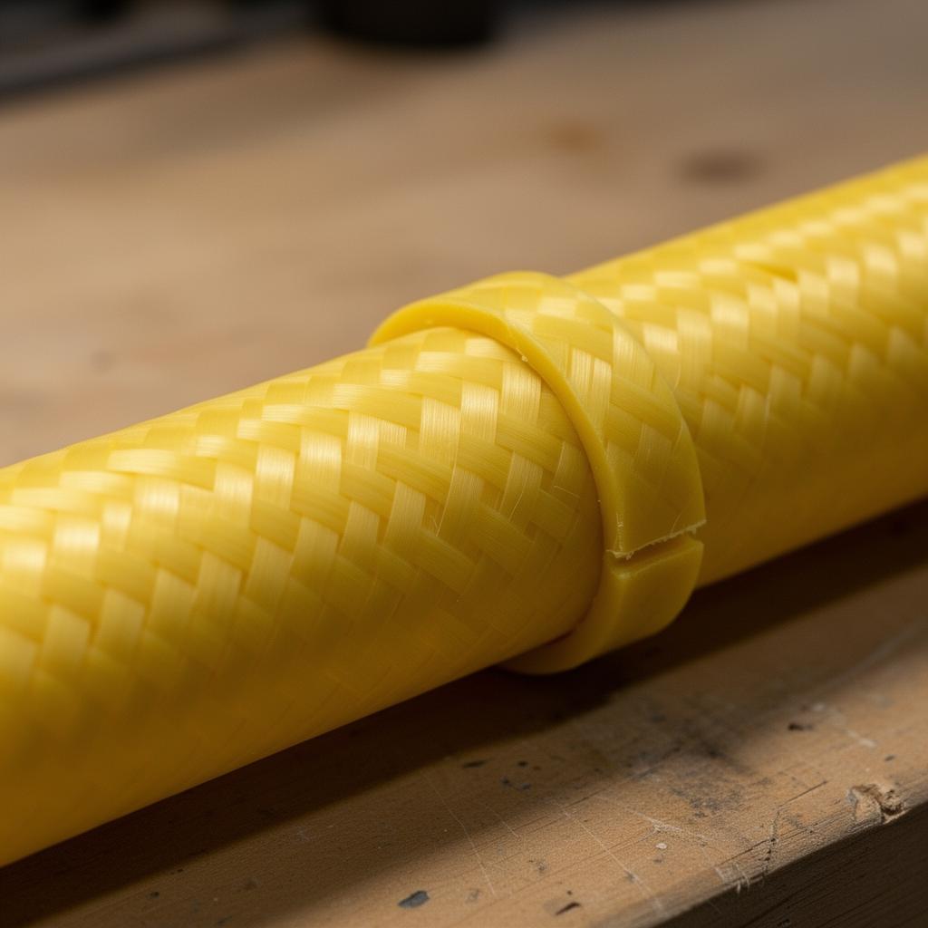 Close-up of SimPole non-conductive fiberglass water fed pole with high-visibility yellow safety markings