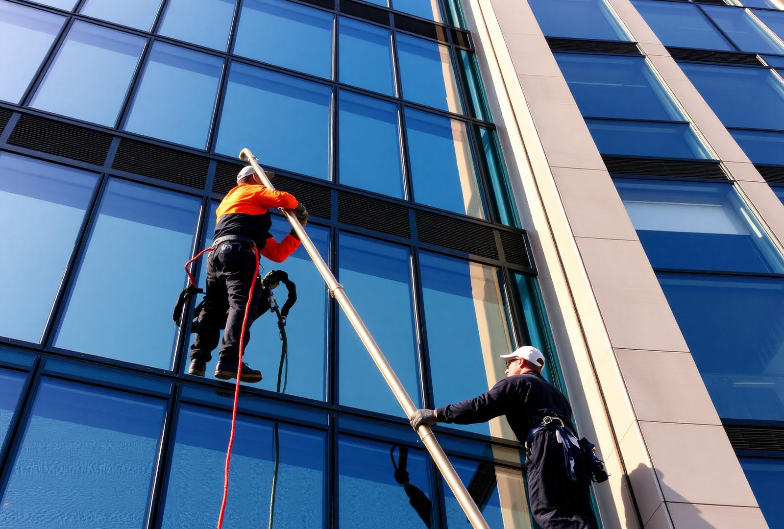 Window cleaning crew using a long SimPole water fed pole on a Phoenix high-rise glass office tower