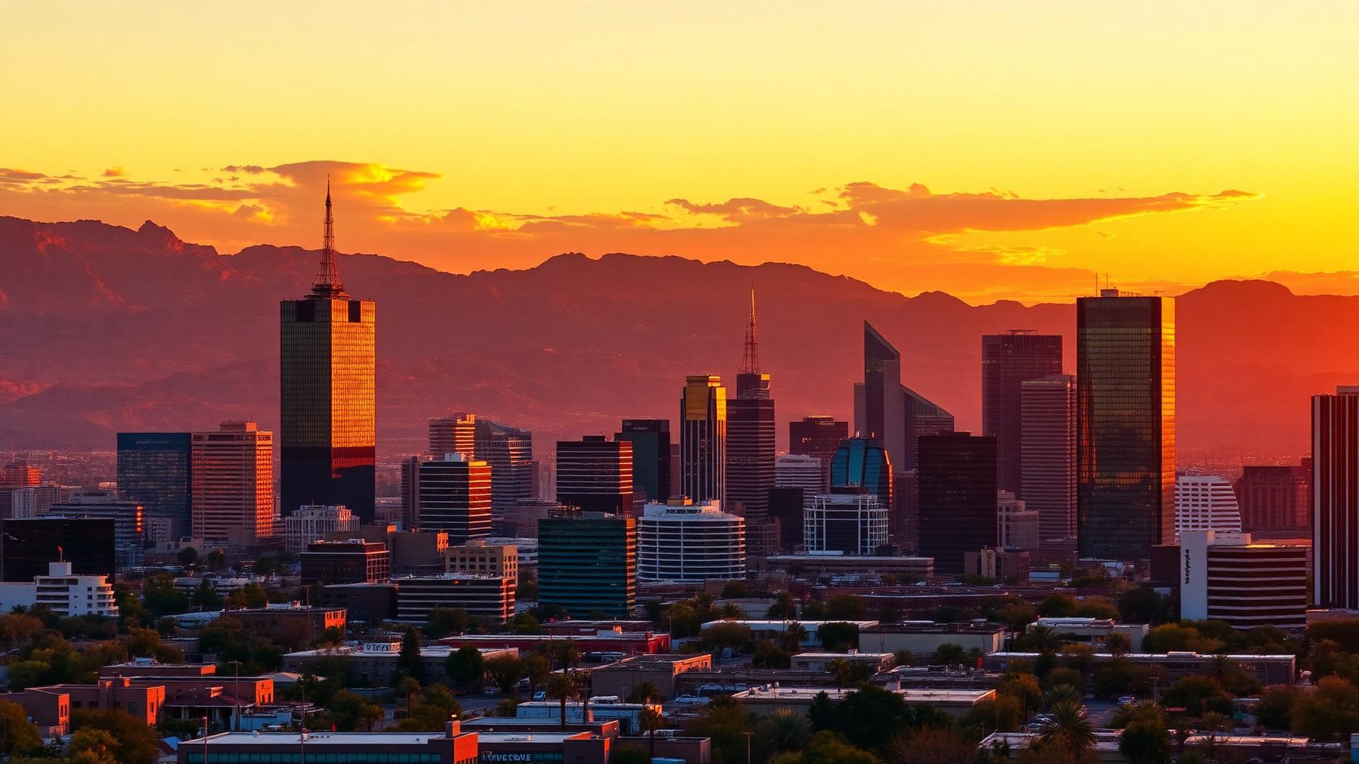 Phoenix Arizona downtown skyline at sunset with glass office towers and desert mountains in the background
