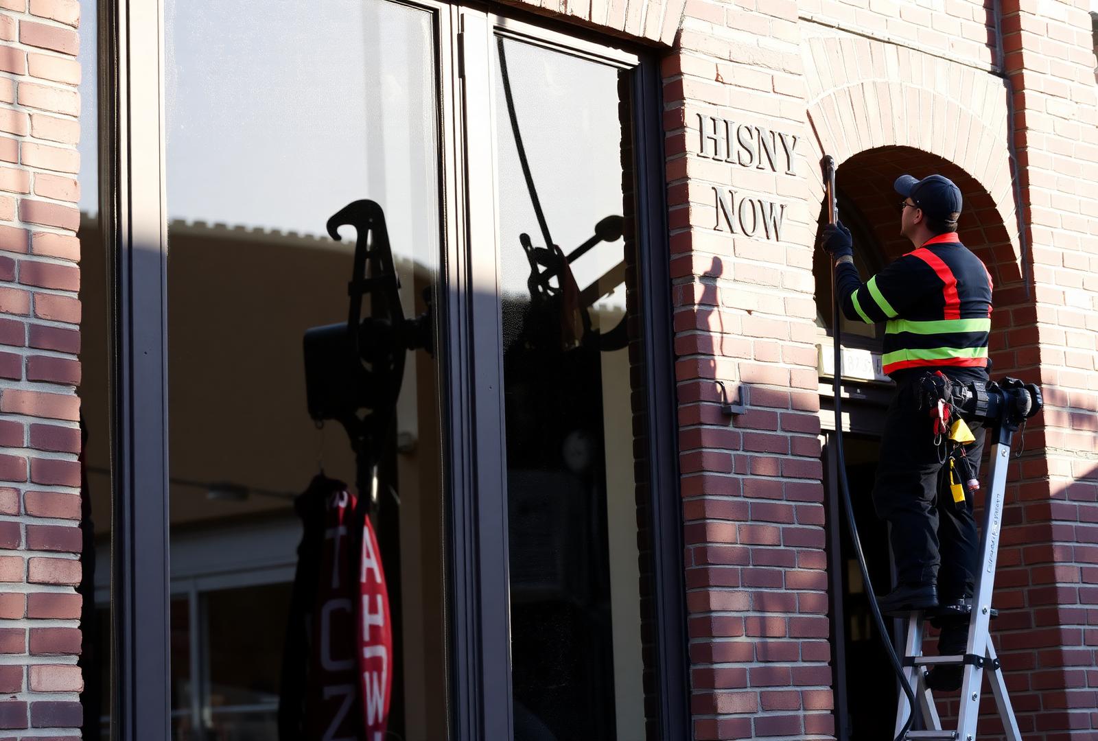 Window cleaner using a SimPole water fed pole on a historic Prescott brick storefront