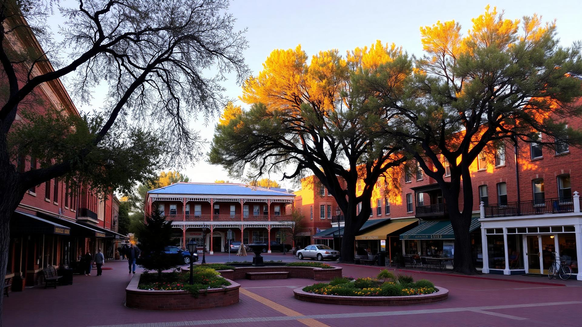 Historic Prescott Arizona courthouse square at golden hour with Victorian-era buildings