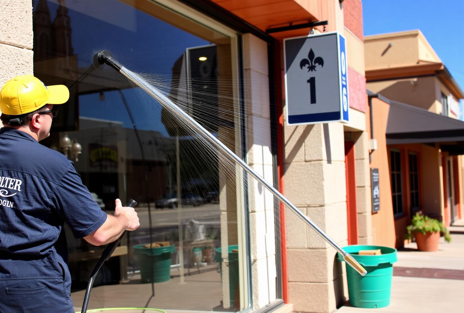 Window cleaner using a SimPole water fed pole on a Prescott Valley storefront