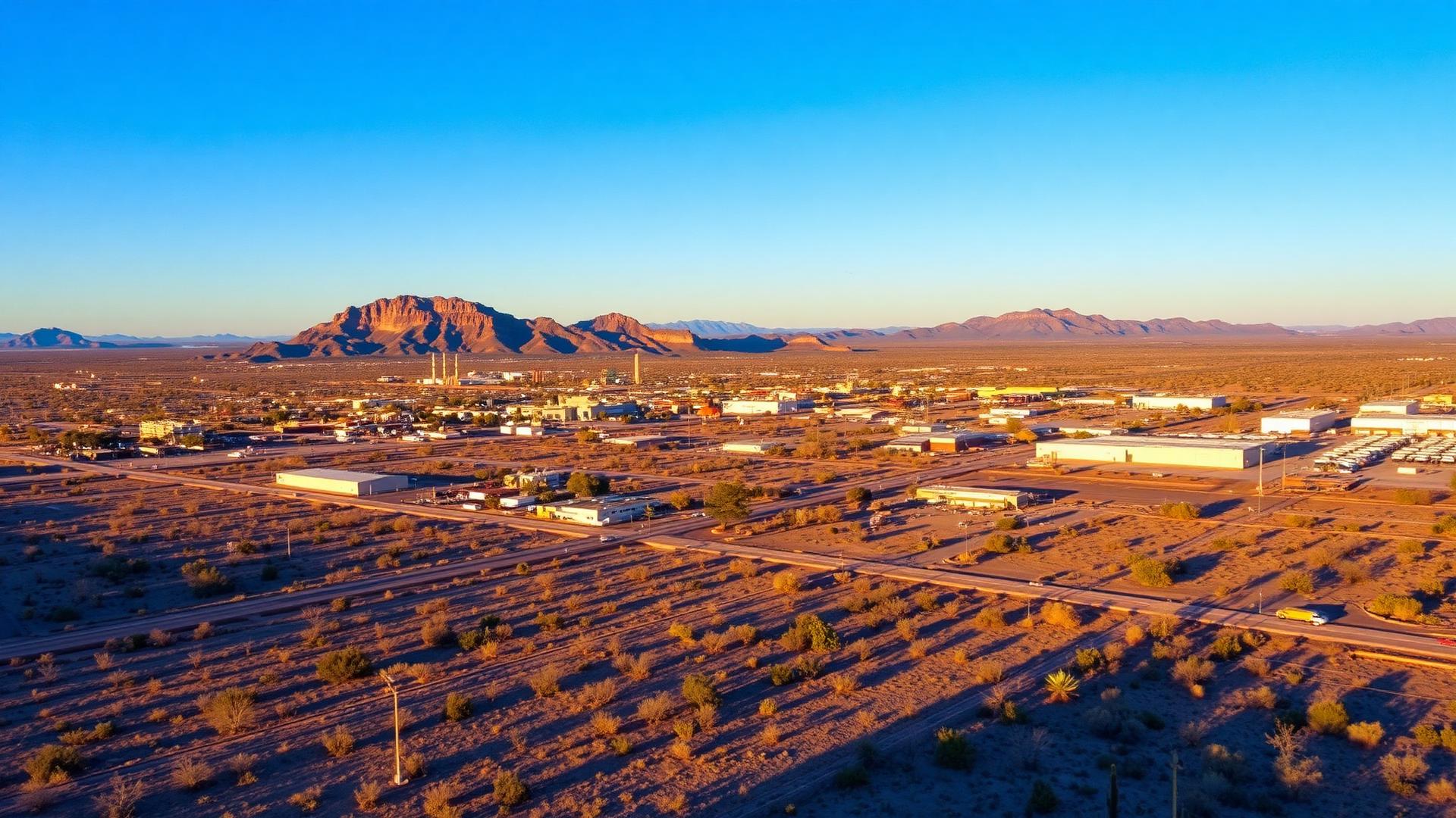 Aerial view of Prescott Valley Arizona at golden hour with desert and Mingus Mountain in the background