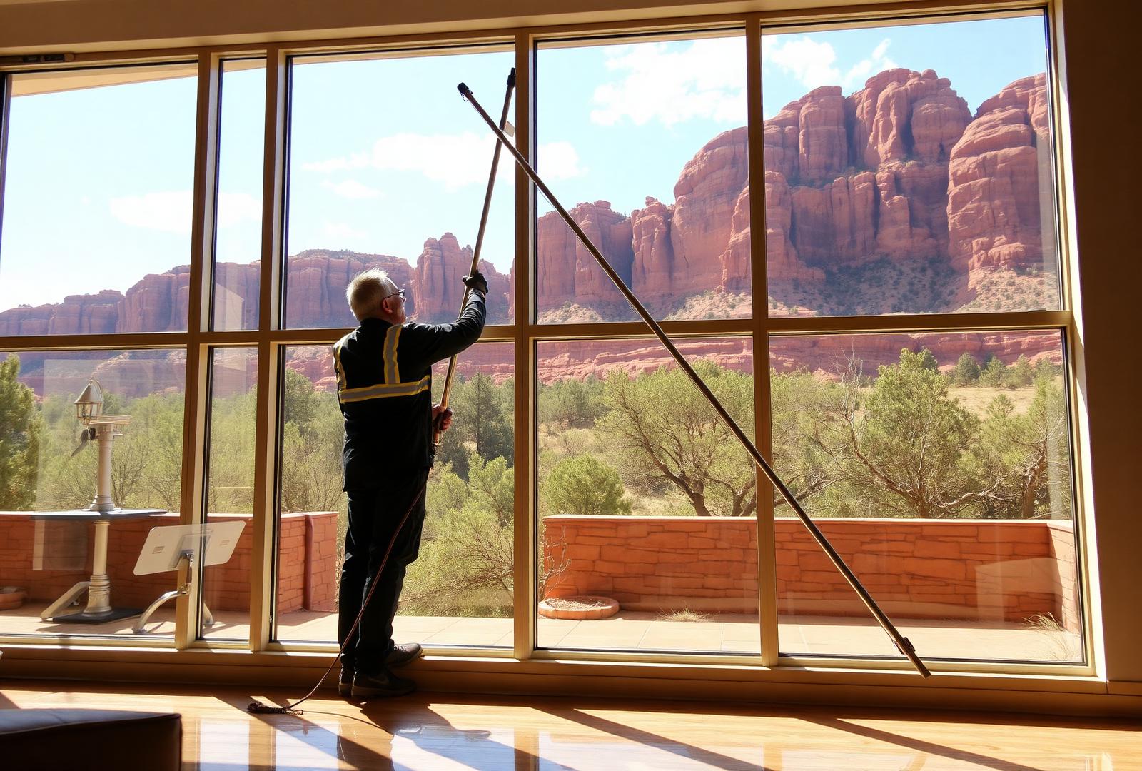 Window cleaner using a SimPole water fed pole on a luxury Sedona resort with red rocks in the background