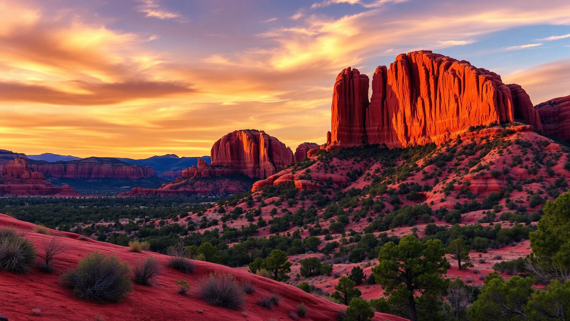 Sedona Arizona red rock formations at sunset with dramatic warm light