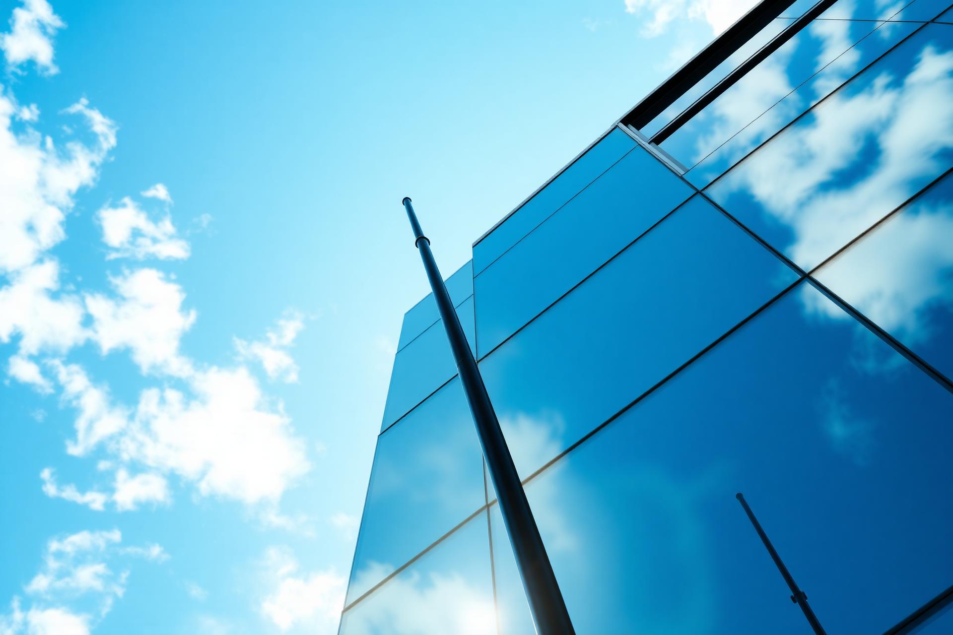 Professional window cleaner using a SimPole water-fed pole on a tall glass building