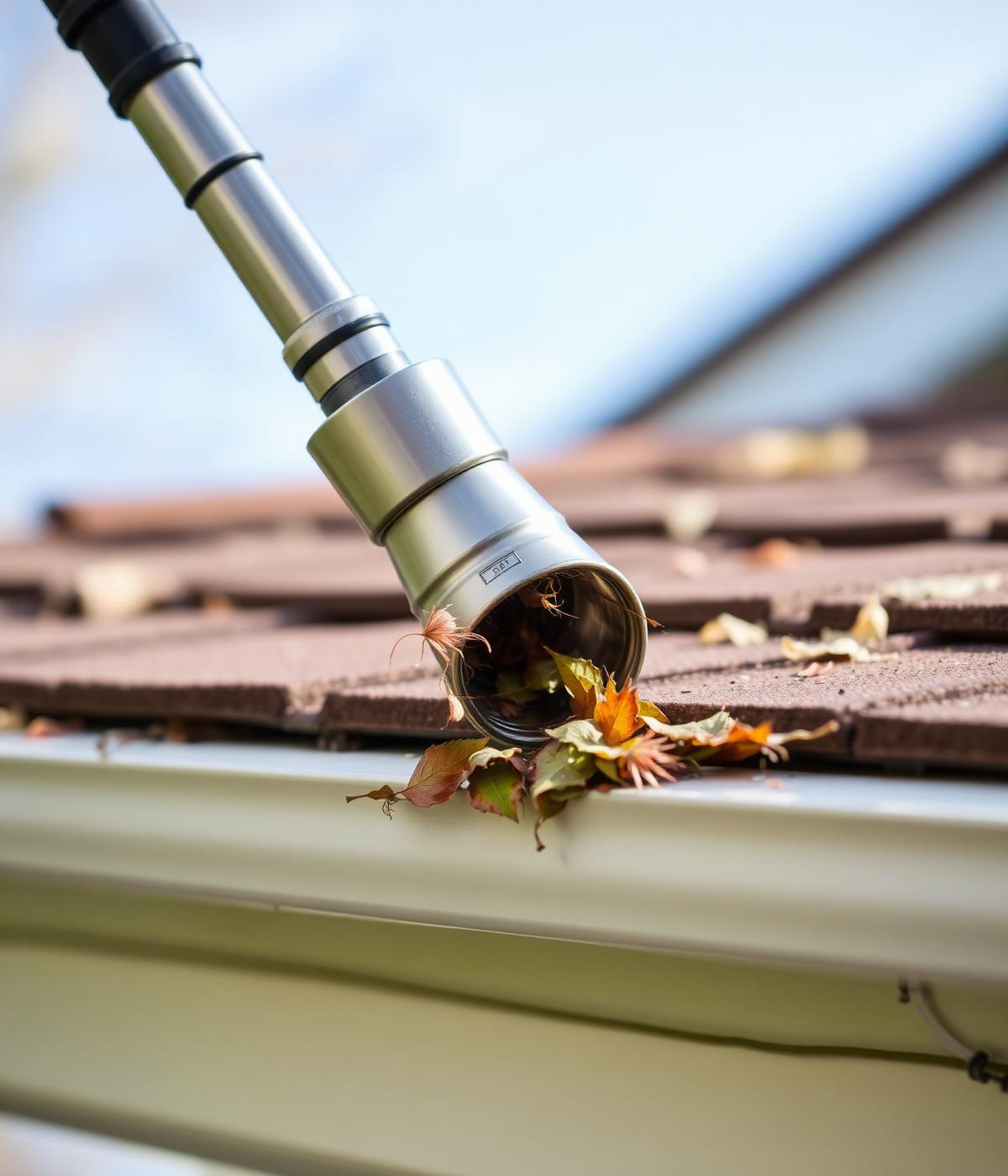 Close-up of a SimPole gutter cleaning attachment clearing leaves and debris from a residential roof gutter