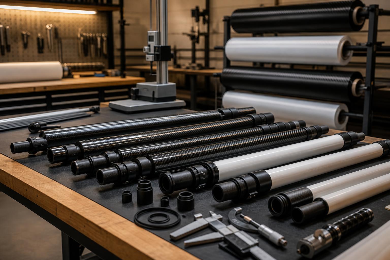 SimPole composite poles and precision tools arranged on the Prescott Valley workshop bench